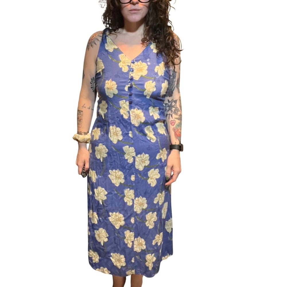 Center Aisle Floral Print Midi Dress Blue Yellow Sleeveless V‎ Neck Rayon Size M